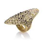 Todd Reed ring in 18 karat yellow gold with green rose cut diamonds(5.2cts), yellow rose cut diamonds(2.6cts), and black brilliant cut diamonds(2.55cts)